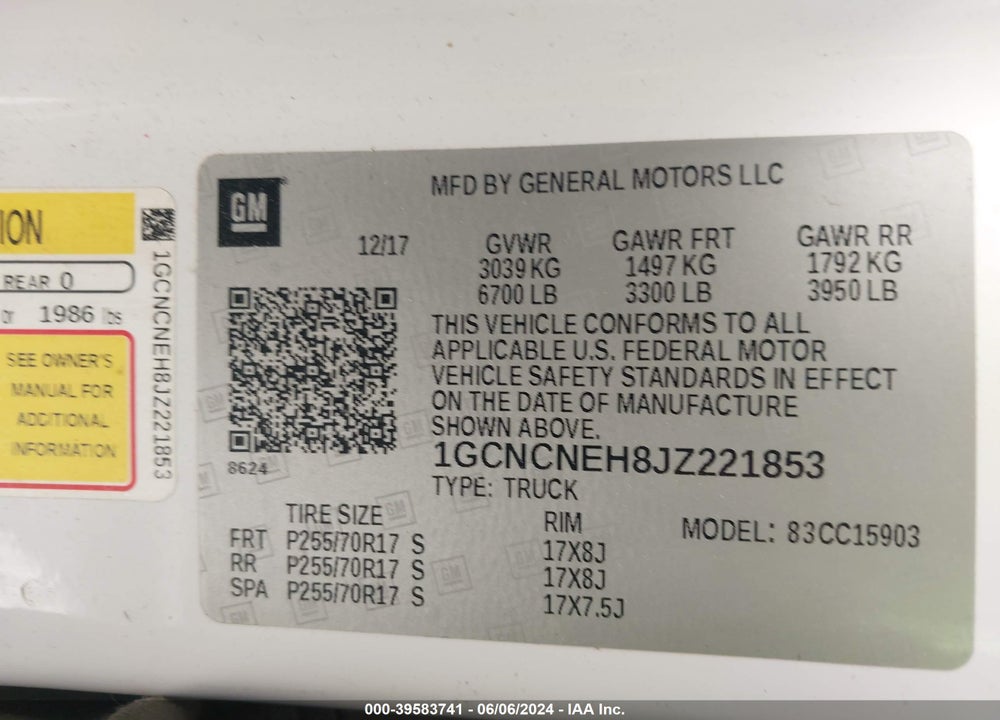 2018 CHEVROLET SILVERADO 1500 WT VIN: 1GCNCNEH8JZ221853