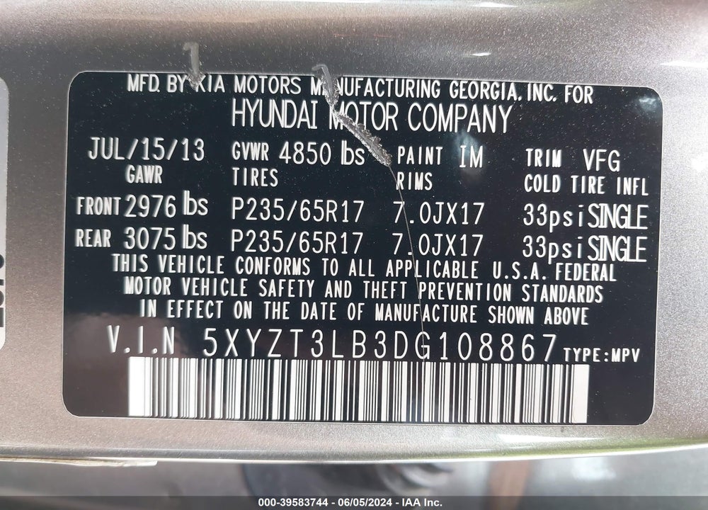 2013 HYUNDAI SANTA FE SPORT VIN: 5XYZT3LB3DG108867