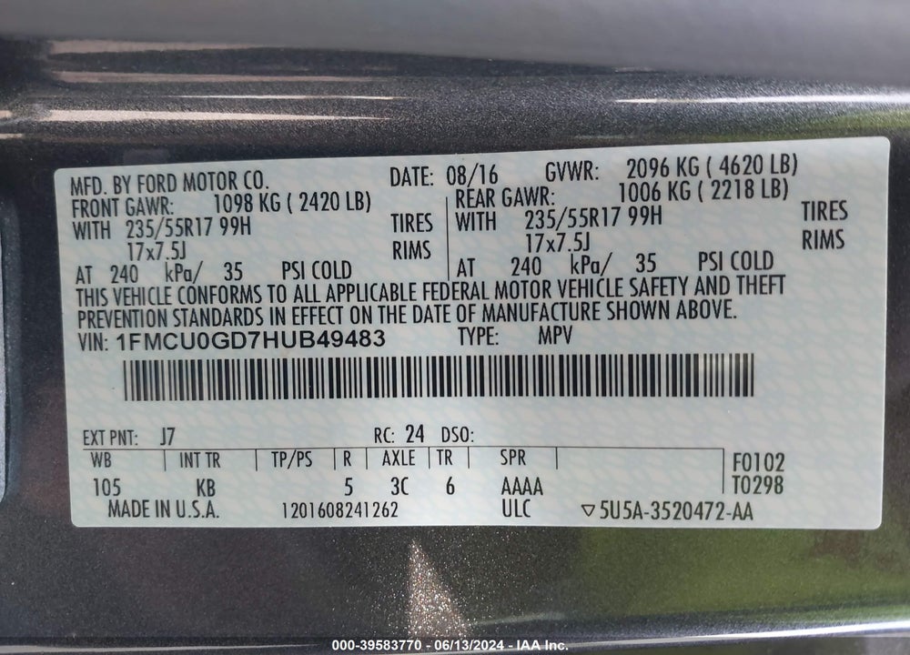 2017 FORD ESCAPE SE VIN: 1FMCU0GD7HUB49483