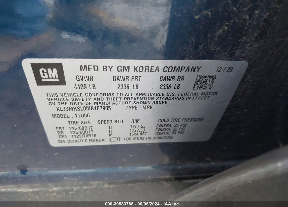 2021 CHEVROLET TRAILBLAZER AWD LT VIN: KL79MRSL0MB107905