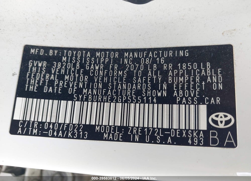 2016 TOYOTA COROLLA VIN: 5YFBURHE2GP555114