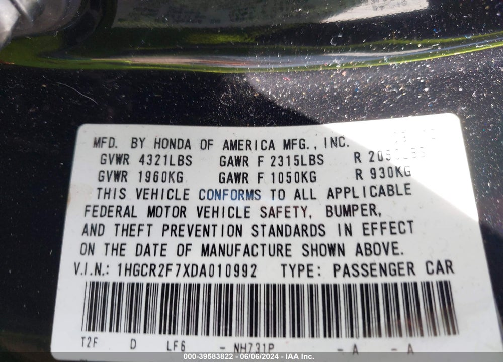 2013 HONDA ACCORD EX VIN: 1HGCR2F7XDA010992