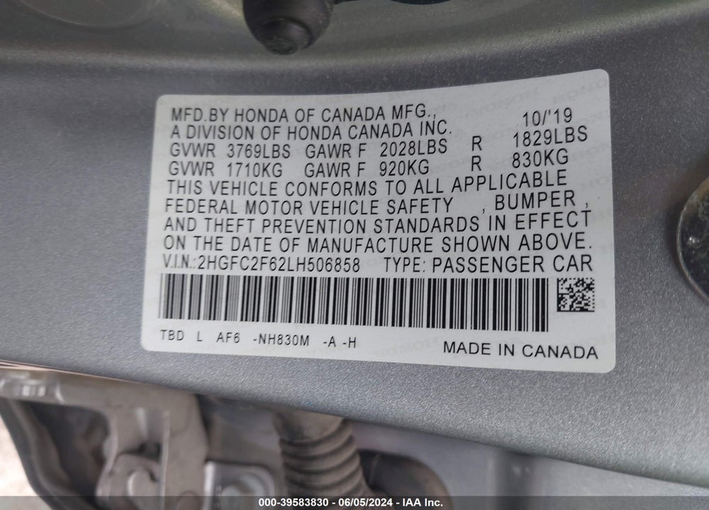 2020 HONDA CIVIC VIN: 2HGFC2F62LH506858