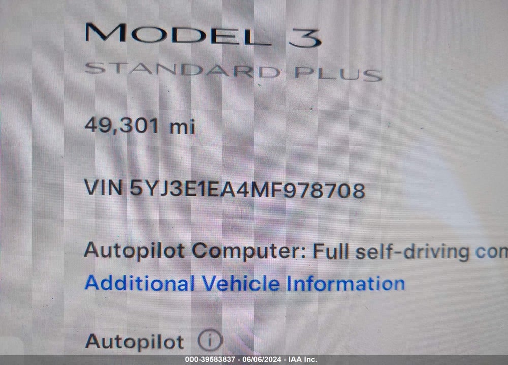 2021 TESLA MODEL 3 STANDARD RANGE PLUS REAR-WHEEL DRIVE VIN: 5YJ3E1EA4MF978708