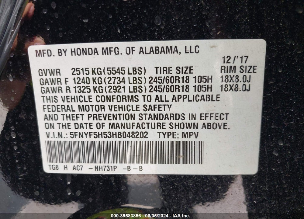 2017 HONDA PILOT EX-L VIN: 5FNYF5H53HB048202