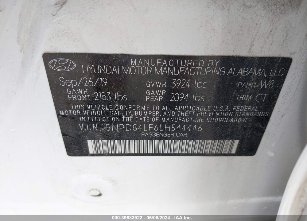 2020 HYUNDAI ELANTRA SEL VIN: 5NPD84LF6LH544446