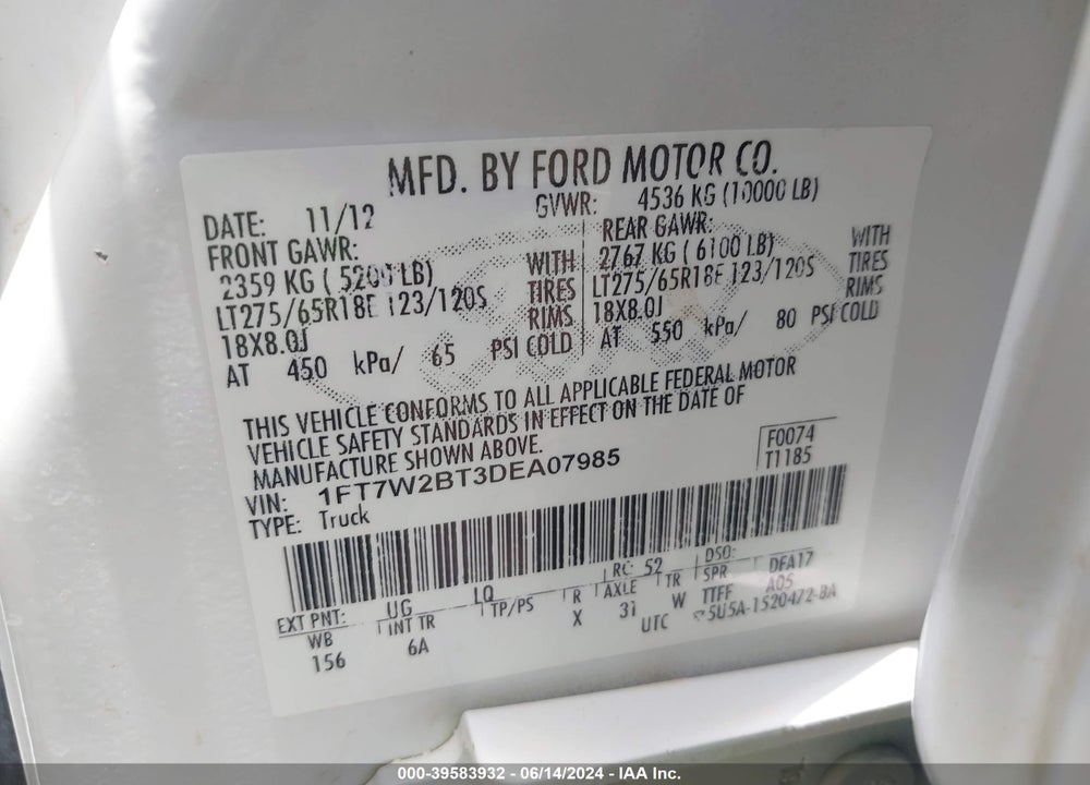 2013 FORD F-250 LARIAT VIN: 1FT7W2BT3DEA07985