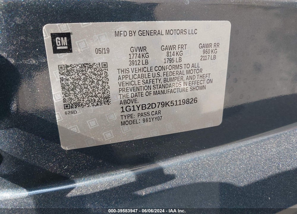 2019 CHEVROLET CORVETTE STINGRAY VIN: 1G1YB2D79K5119826