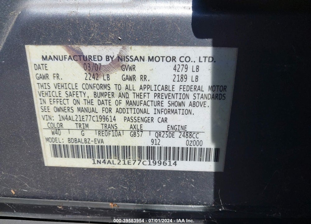 2007 NISSAN ALTIMA 2.5 S VIN: 1N4AL21E77C199614