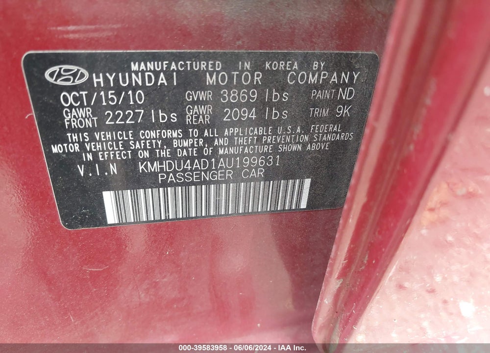 2010 HYUNDAI ELANTRA GLS VIN: KMHDU4AD1AU199631