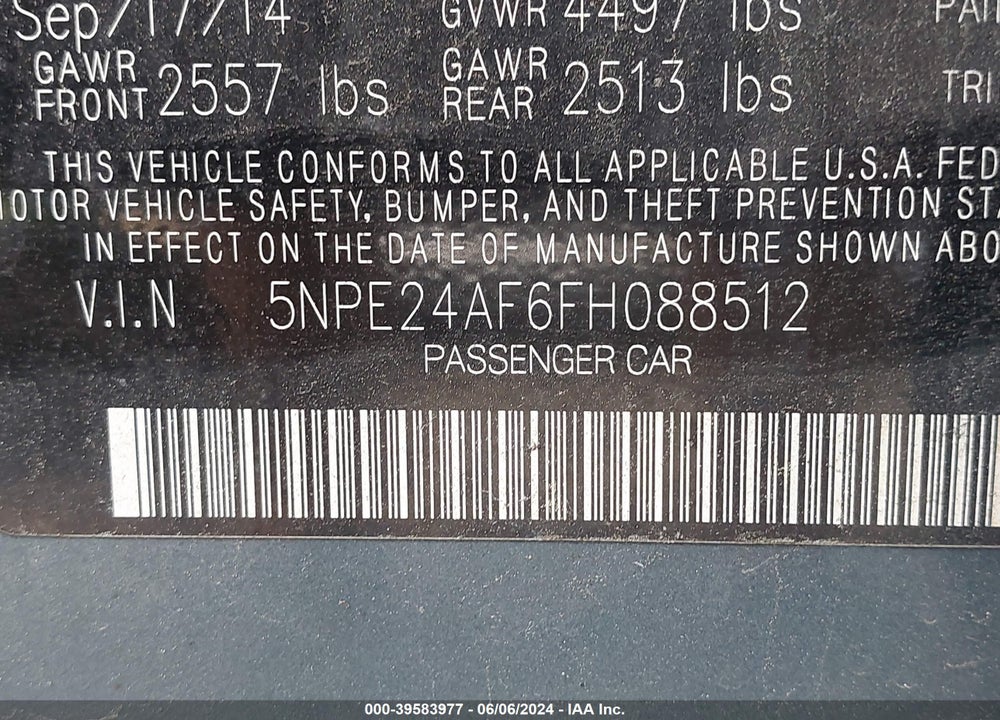 2015 HYUNDAI SONATA SE VIN: 5NPE24AF6FH088512