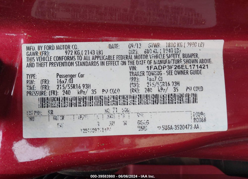 2014 FORD FOCUS SE VIN: 1FADP3F26EL171421