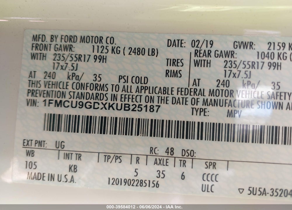 2019 FORD ESCAPE SE VIN: 1FMCU9GDXKUB25187
