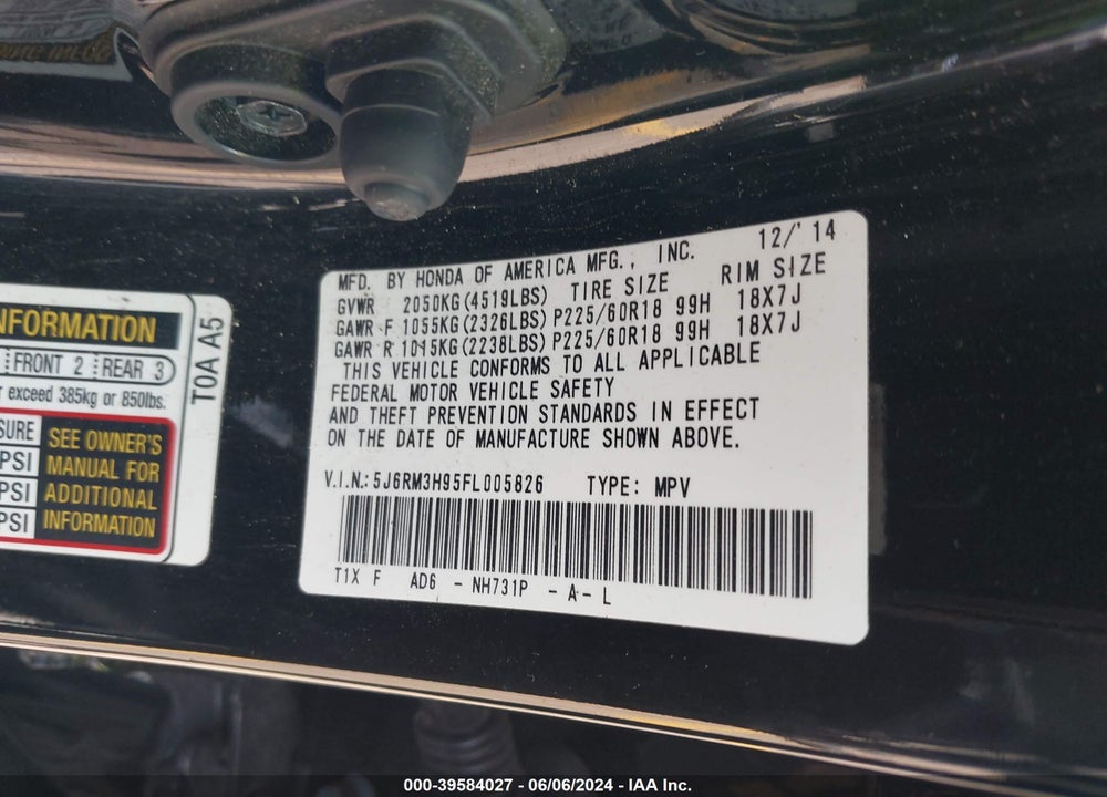 2015 HONDA CR-V TOURING VIN: 5J6RM3H95FL005826