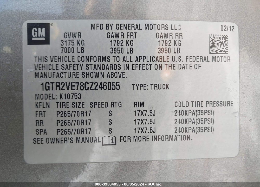 2012 GMC SIERRA 1500 SLE VIN: 1GTR2VE78CZ246055