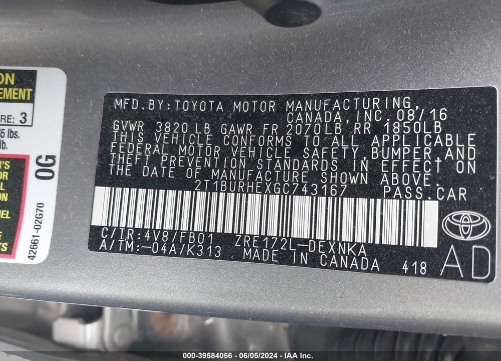 2016 TOYOTA COROLLA LE VIN: 2T1BURHEXGC743167