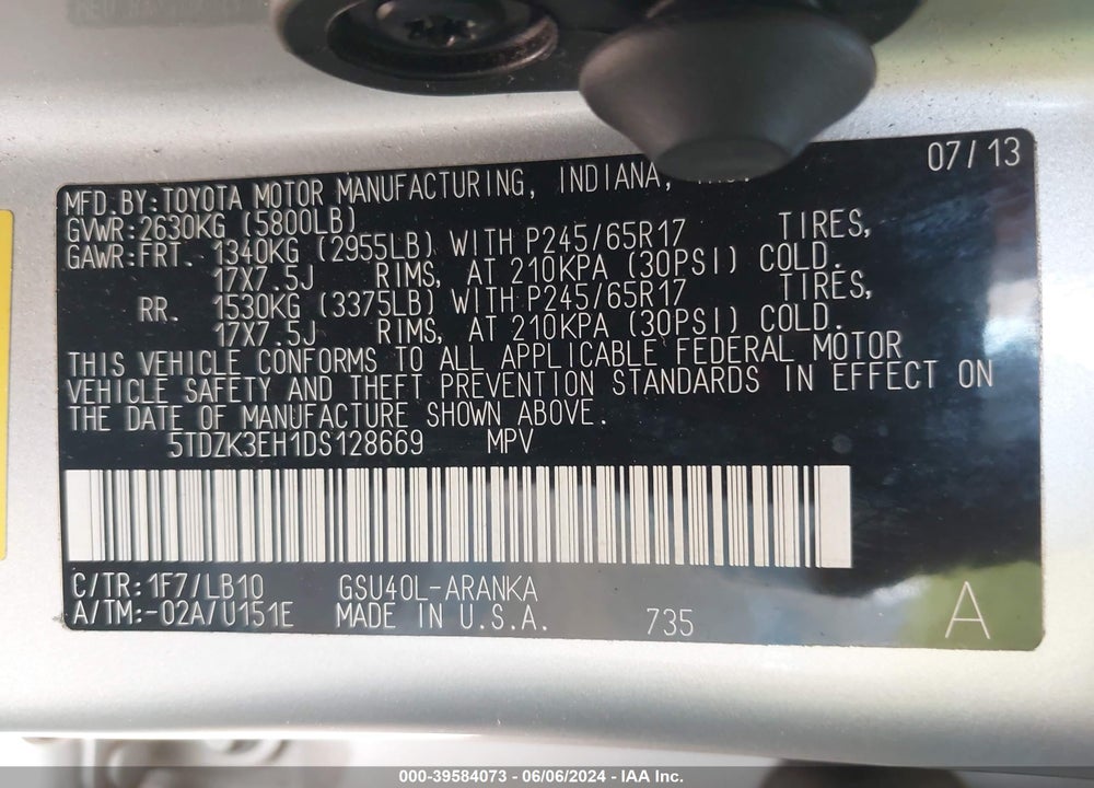 2013 TOYOTA HIGHLANDER SE V6 VIN: 5TDZK3EH1DS128669