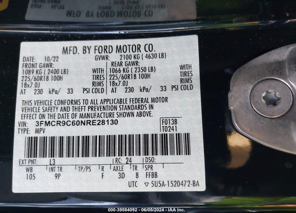 2022 FORD BRONCO SPORT OUTER BANKS VIN: 3FMCR9C60NRE28130