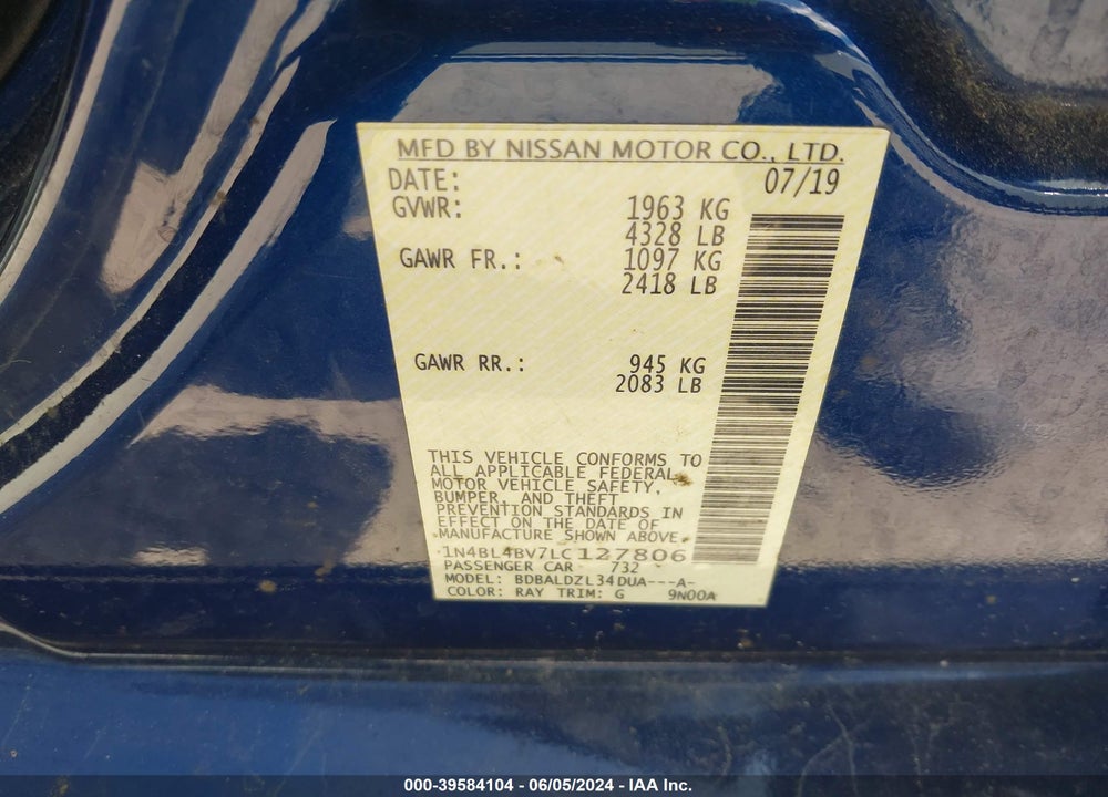 2020 NISSAN ALTIMA S FWD VIN: 1N4BL4BV7LC127806