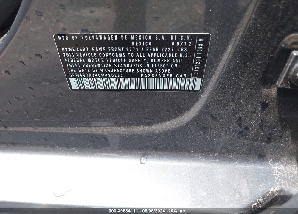 2012 VOLKSWAGEN JETTA GLI VIN: 3VW467AJ4CM420262