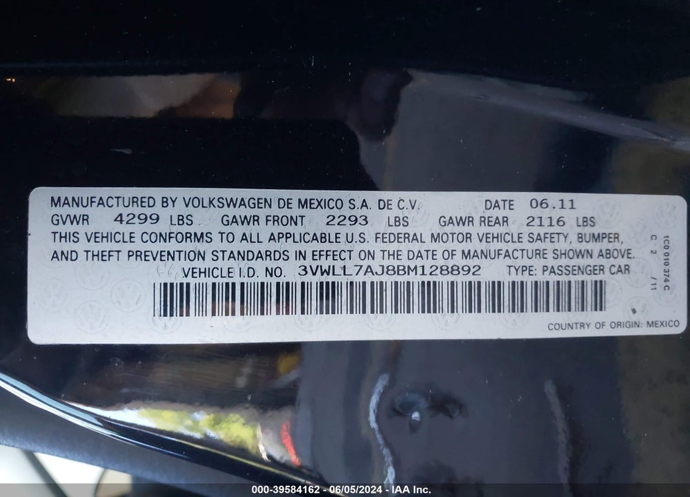 2011 VOLKSWAGEN JETTA 2.0L TDI VIN: 3VWLL7AJ8BM128892