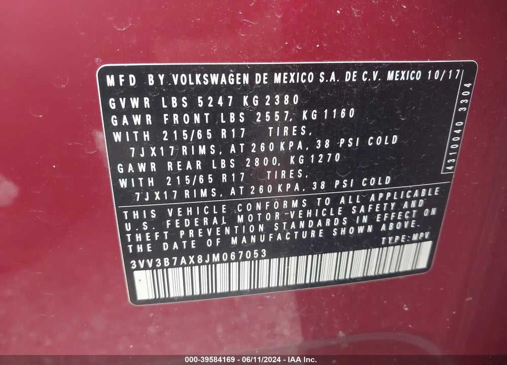 2018 VOLKSWAGEN TIGUAN 2.0T SE/2.0T SEL VIN: 3VV3B7AX8JM067053