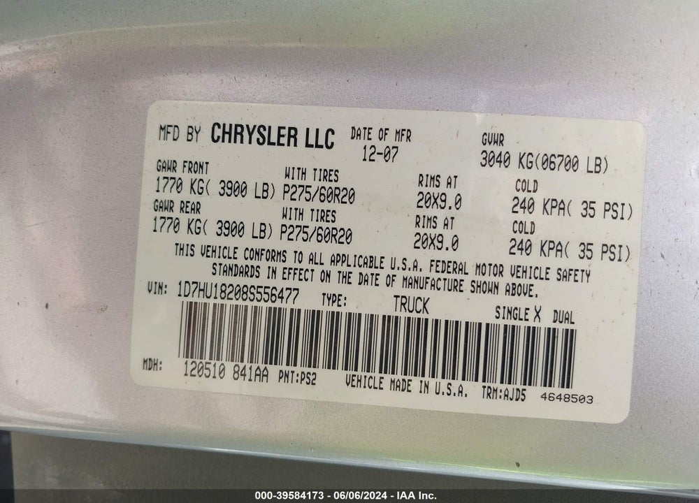 2008 DODGE RAM 1500 VIN: 1D7HU18208S556477