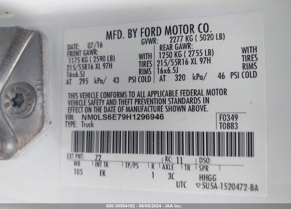 2017 FORD TRANSIT CONNECT XL VIN: NM0LS6E79H1296946