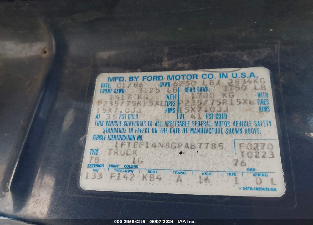 1986 FORD F150 VIN: 1FTEF14N8GPA67785