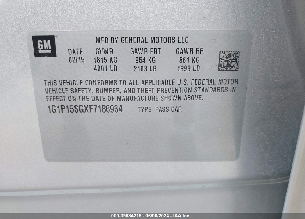 2015 CHEVROLET CRUZE VIN: 1G1P15SGXF7186934