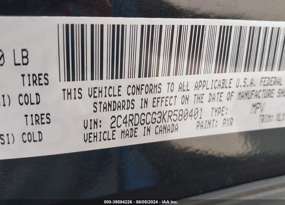 2019 DODGE GRAND CARAVAN SXT VIN: 2C4RDGCG3KR580401