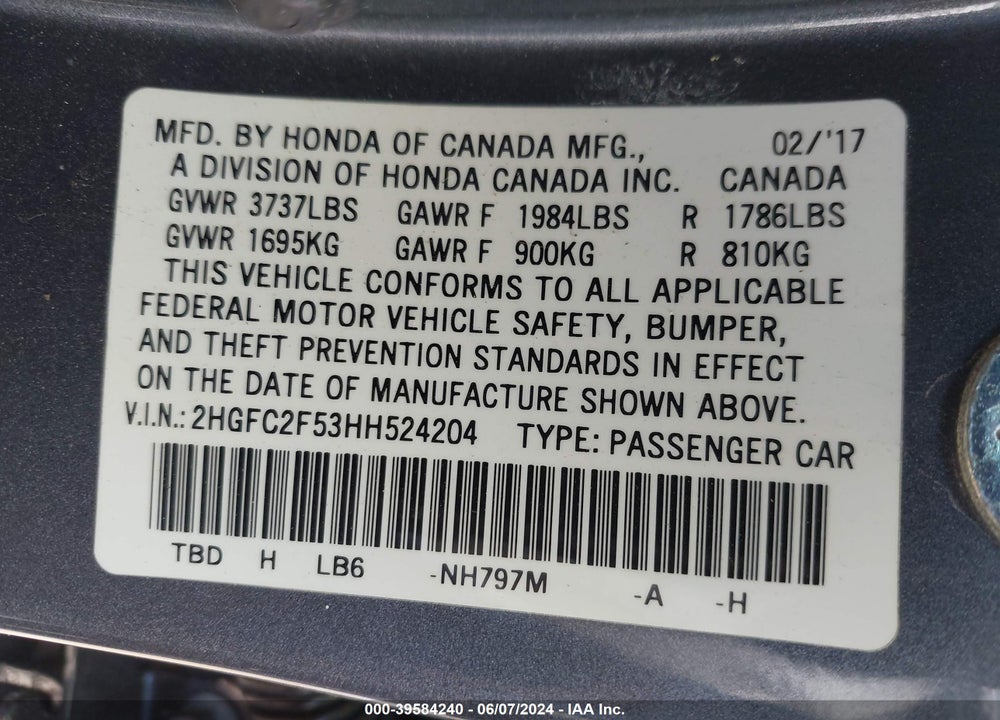 2017 HONDA CIVIC LX VIN: 2HGFC2F53HH524204