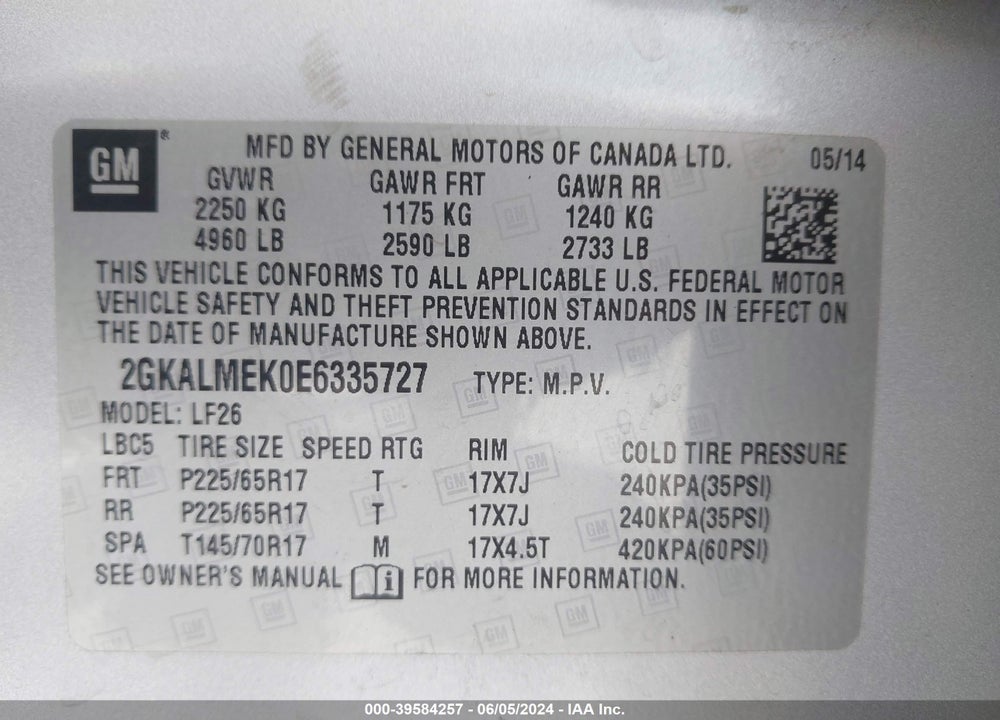 2014 GMC TERRAIN SLE-1 VIN: 2GKALMEK0E6335727