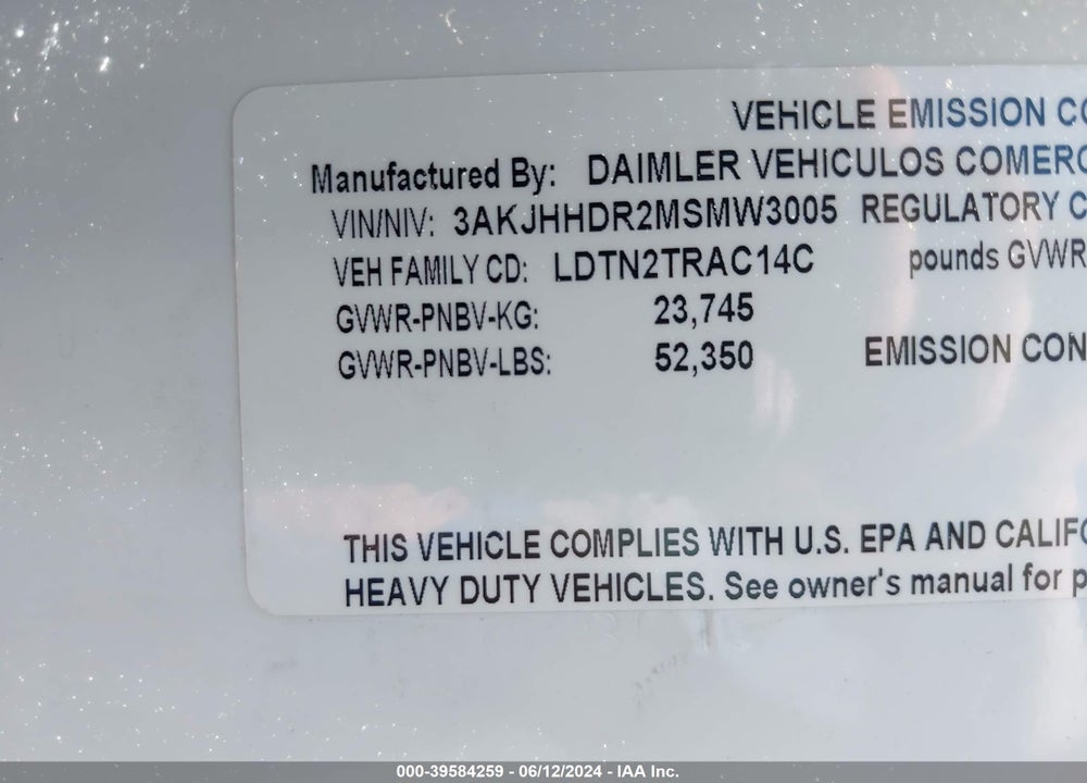 2021 FREIGHTLINER NEW CASCADIA 126 VIN: 3AKJHHDR2MSMW3005