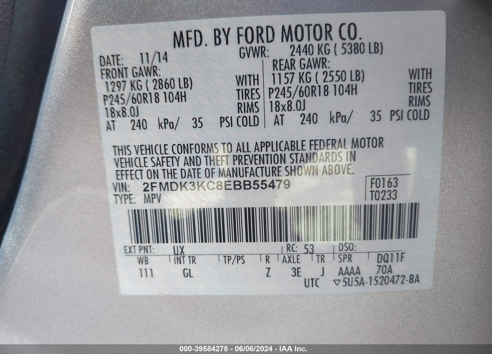 2014 FORD EDGE LIMITED VIN: 2FMDK3KC8EBB55479
