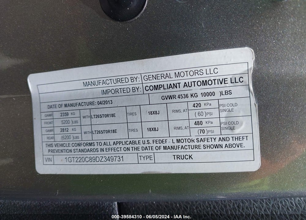 2013 GMC SIERRA K2500 SLE VIN: 1GT220C89DZ349731