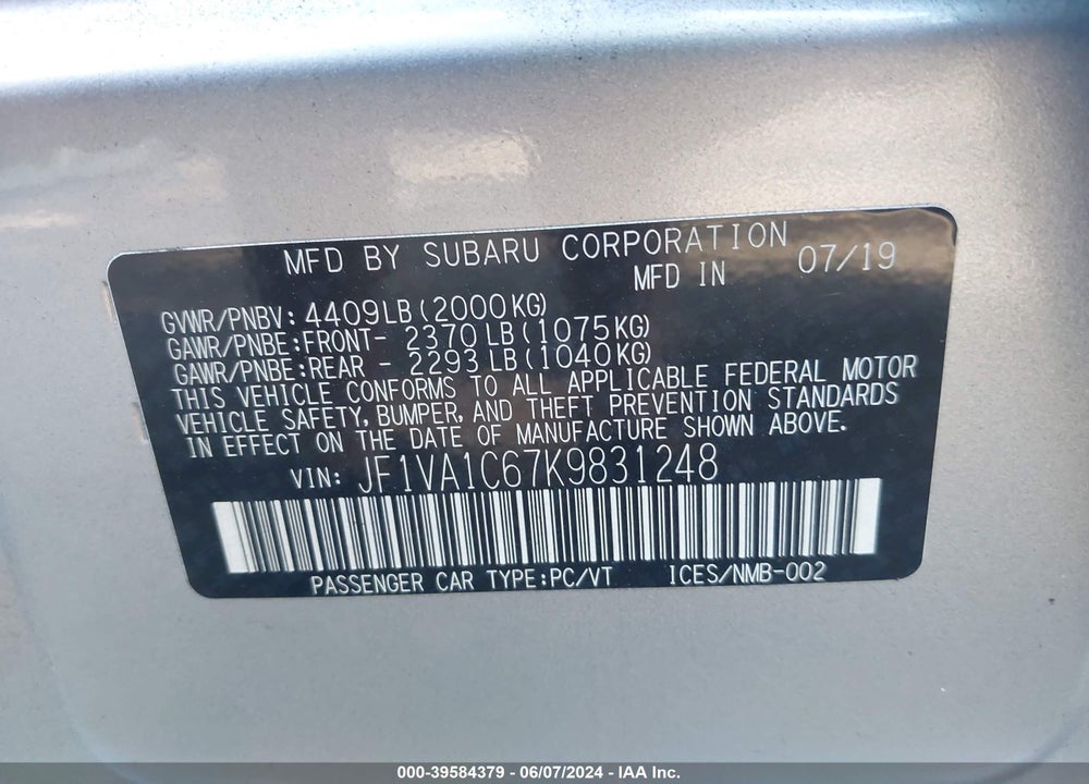2019 SUBARU WRX PREMIUM VIN: JF1VA1C67K9831248