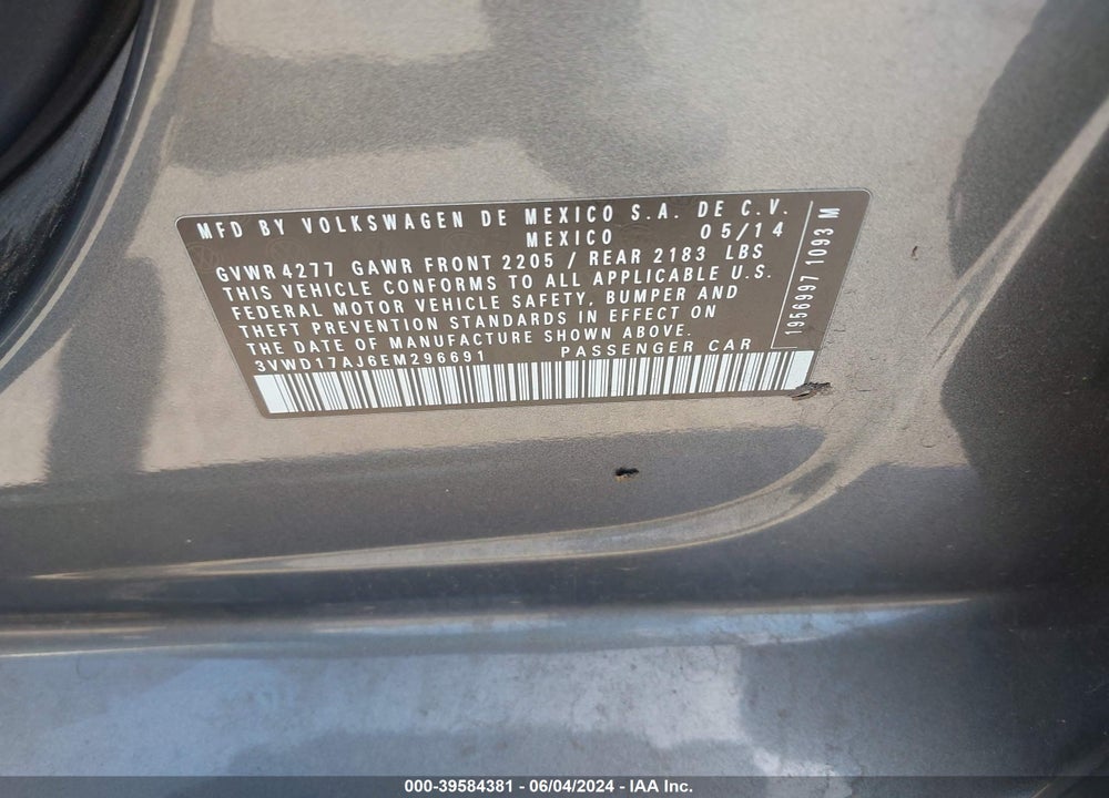 2014 VOLKSWAGEN JETTA 1.8T SE VIN: 3VWD17AJ6EM296691