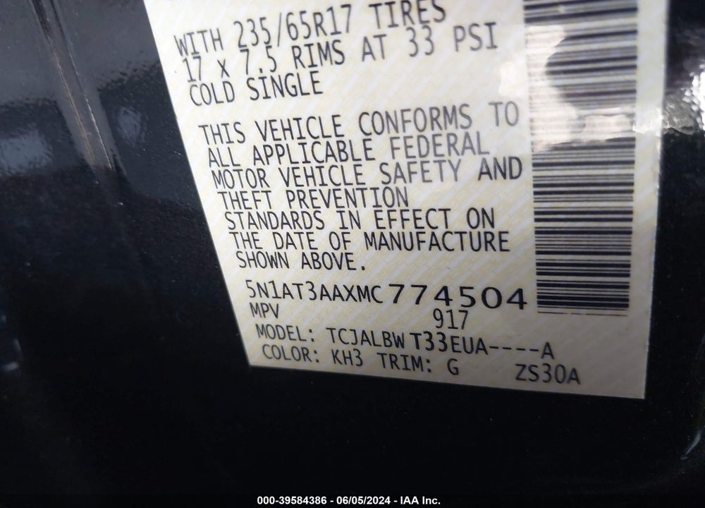 2021 NISSAN ROGUE S FWD VIN: 5N1AT3AAXMC774504