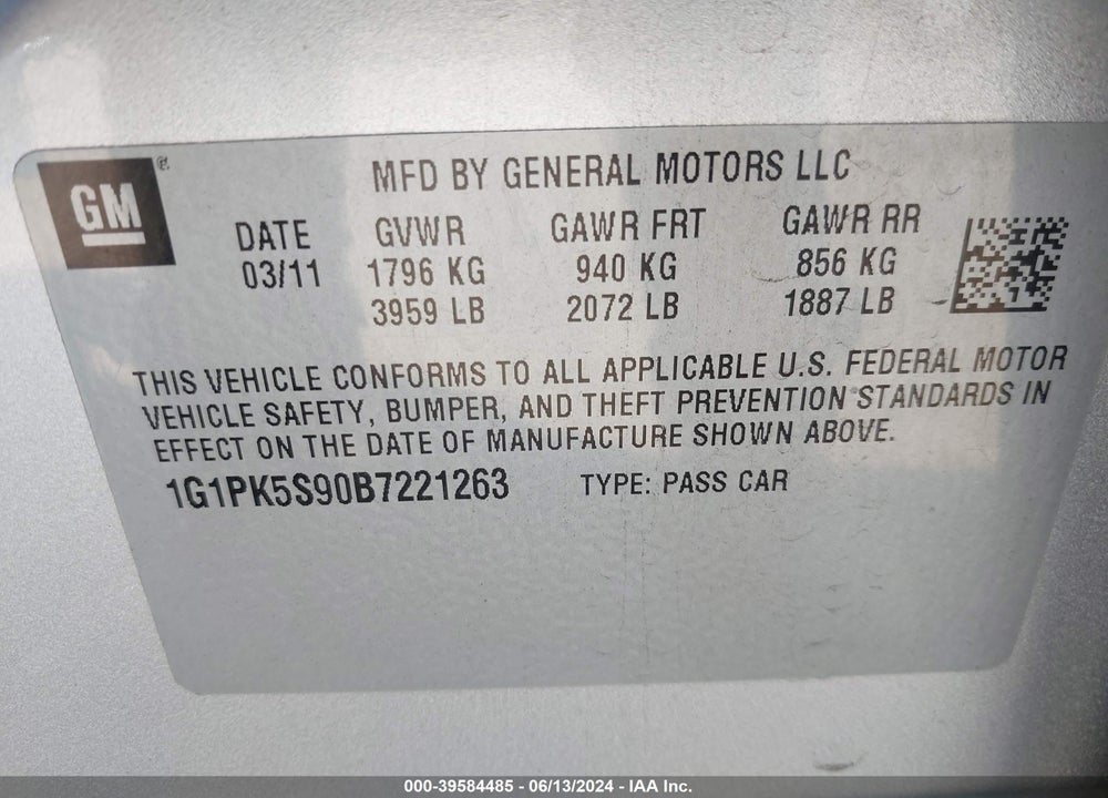 2011 CHEVROLET CRUZE ECO VIN: 1G1PK5S90B7221263