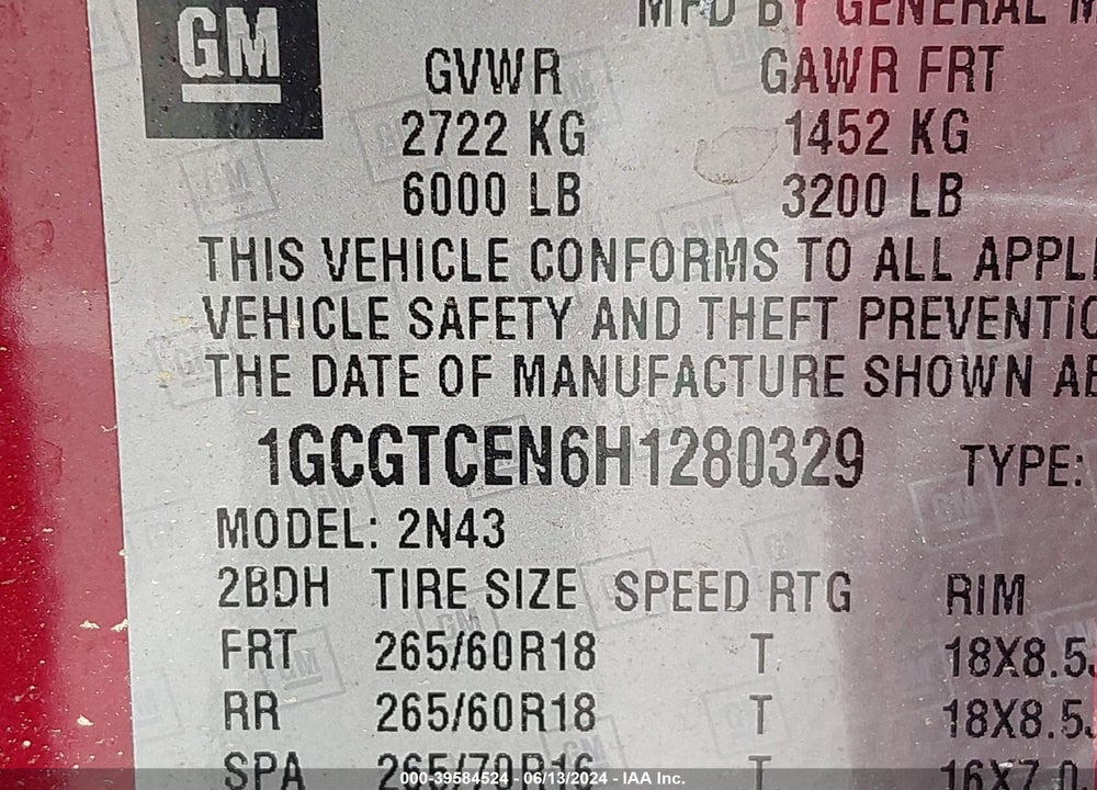 2017 CHEVROLET COLORADO LT VIN: 1GCGTCEN6H1280329
