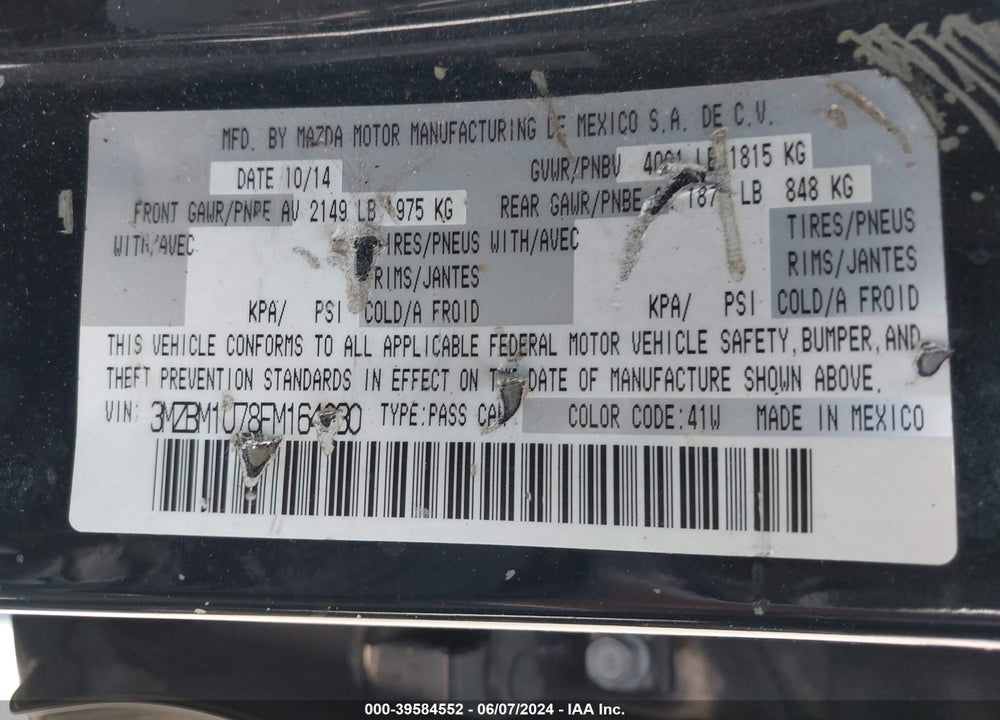 2015 MAZDA 3 I SPORT VIN: 3MZBM1U78FM164030