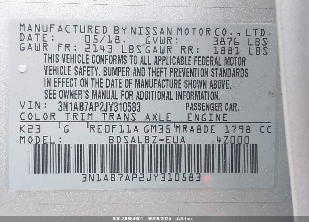 2018 NISSAN SENTRA S VIN: 3N1AB7AP2JY310583