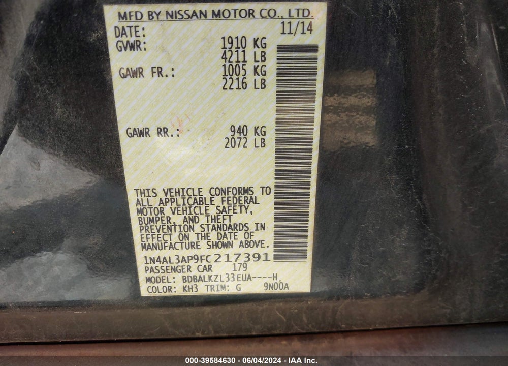 2015 NISSAN ALTIMA 2.5 SV VIN: 1N4AL3AP9FC217391