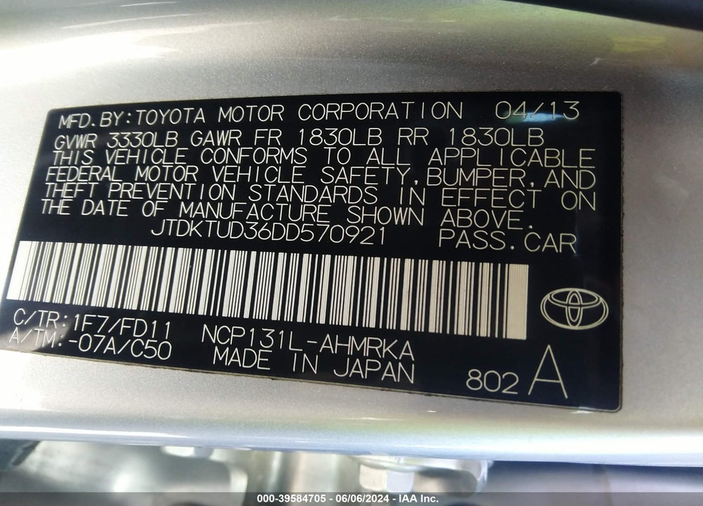 2013 TOYOTA YARIS SE VIN: JTDKTUD36DD570921