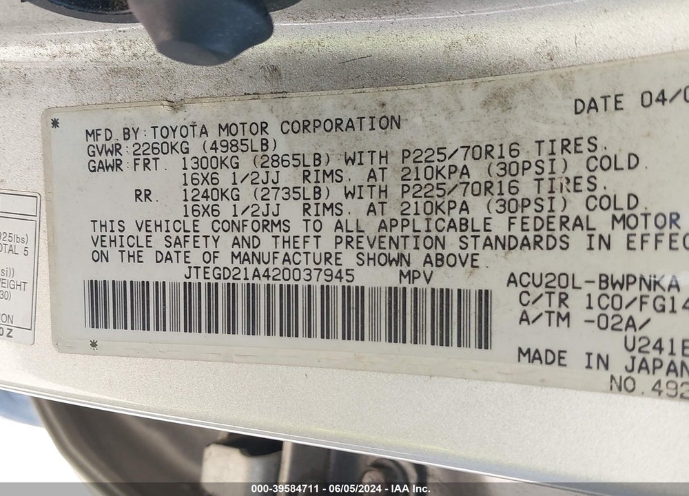 2002 TOYOTA HIGHLANDER VIN: JTEGD21A420037945