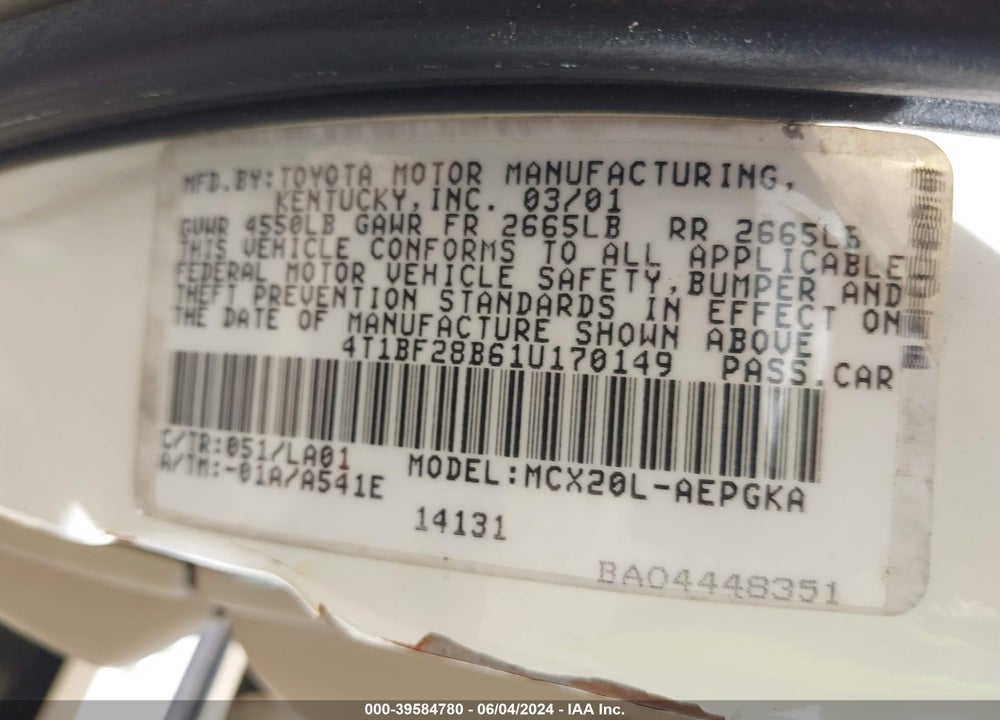 2001 TOYOTA AVALON XLS VIN: 4T1BF28B61U170149