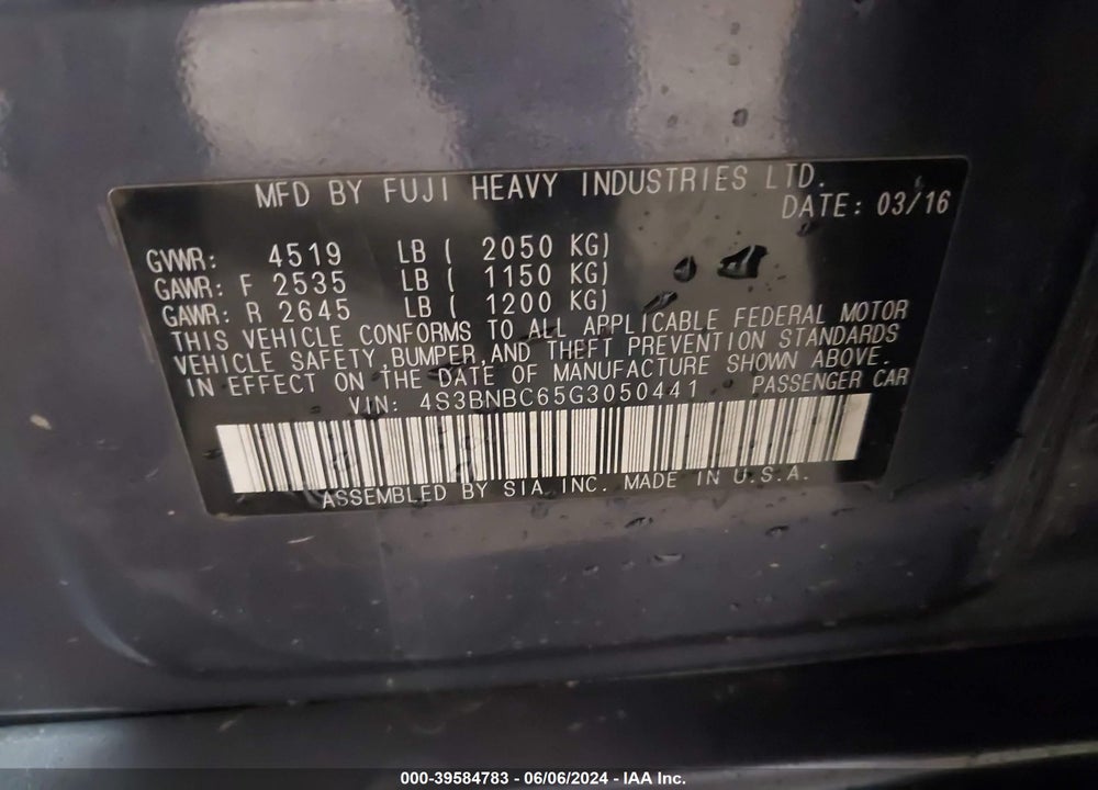 2016 SUBARU LEGACY 2.5I PREMIUM VIN: 4S3BNBC65G3050441