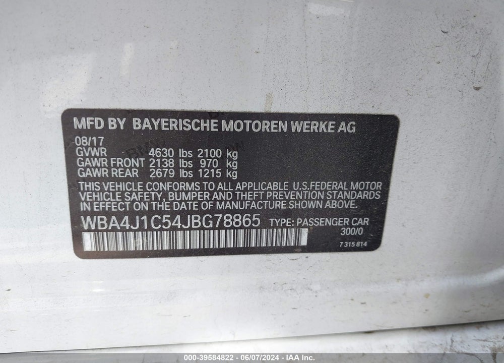 2018 BMW 430I GRAN COUPE VIN: WBA4J1C54JBG78865