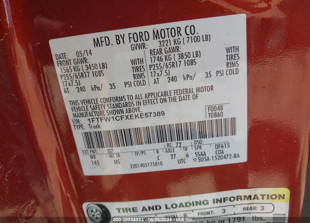 2014 FORD F-150 VIN: 1FTFW1CFXEKE57389